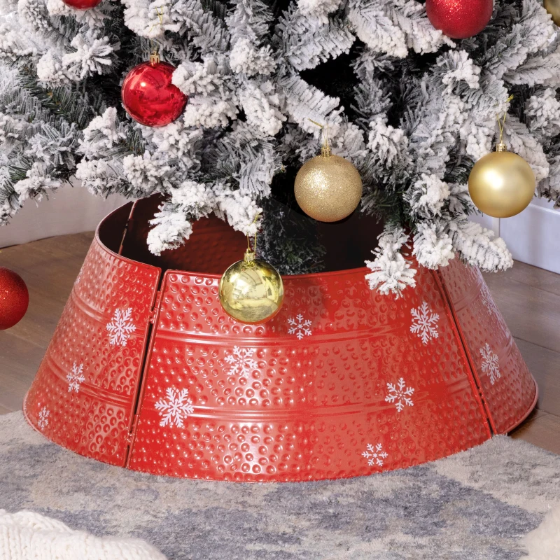 HOMCOM Christmas Tree Collar, 26" Metal Tree Ring Skirt, Home Xmas Decoration with Snowflake Engraving, Red