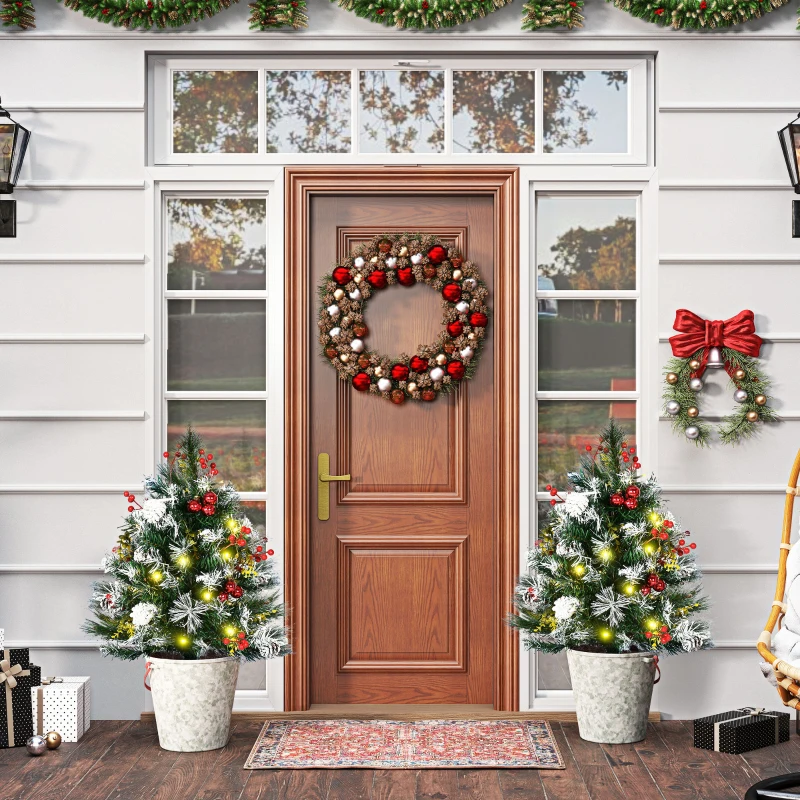 HOMCOM 2.5 Ft/30" 2 Pack Outdoor Entryway Pre-Lit Artificial Christmas Tree Cordless with 70 Branches, Green