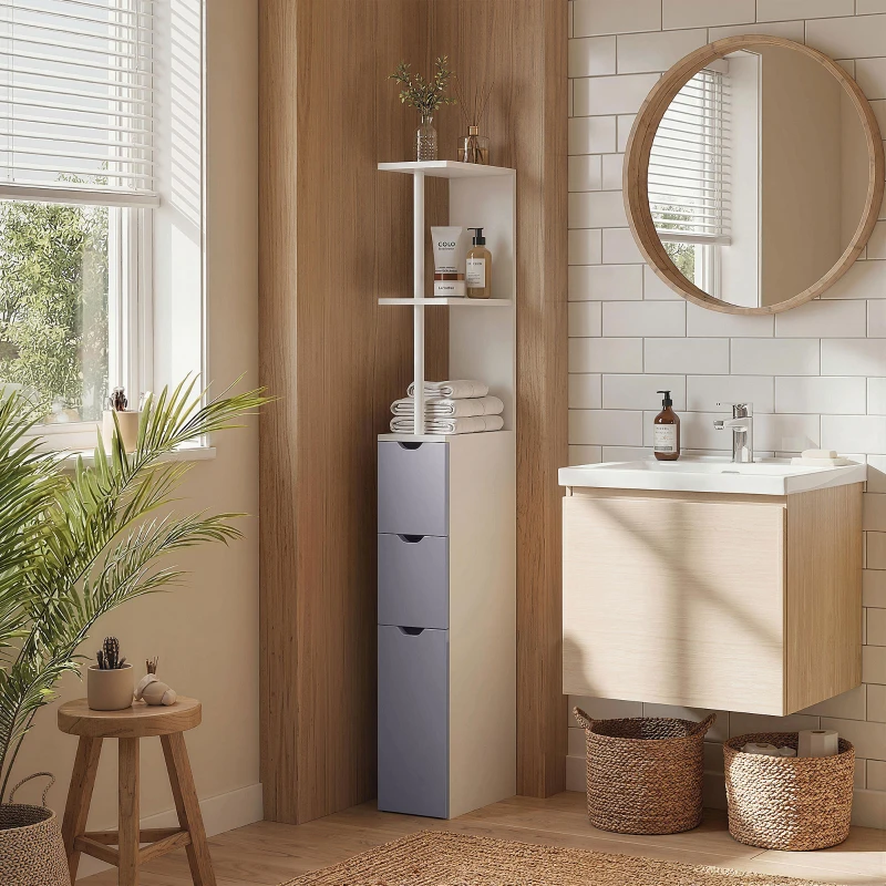HOMCOM 54" Tall Bathroom Storage Cabinet, Freestanding Linen Tower with 2-Tier Shelf and Drawers, Narrow Side Floor Organizer, White