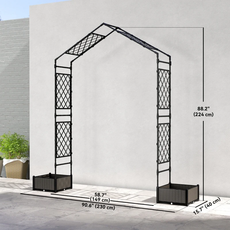 Outsunny Garden Arch Outdoor Trellis Arbor with 2 Planter Boxes, 90.6" x 15.7" x 88.2", Black