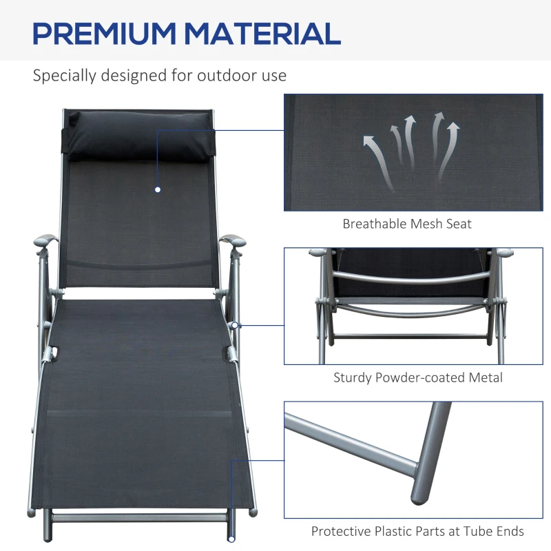 Outsunny Chaise Lounge Foldable Outdoor Chair, Portable, 7-Position Adjustable Reclining Tri-fold Chair for Camping, Sunbathing & Tanning at the Beach, Swimming Pool with Pillow, Black