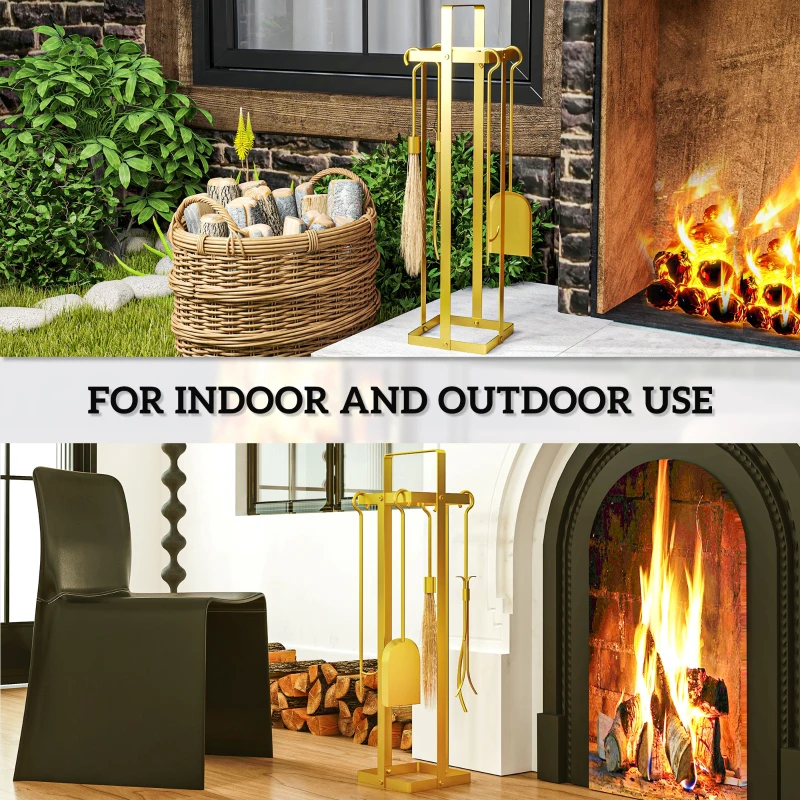 Outsunny 5 Piece Metal Fireplace Tools Set with Brush Broom, Poker, Shovel, Tongs, and Stand for Indoor or Outdoor, Gold