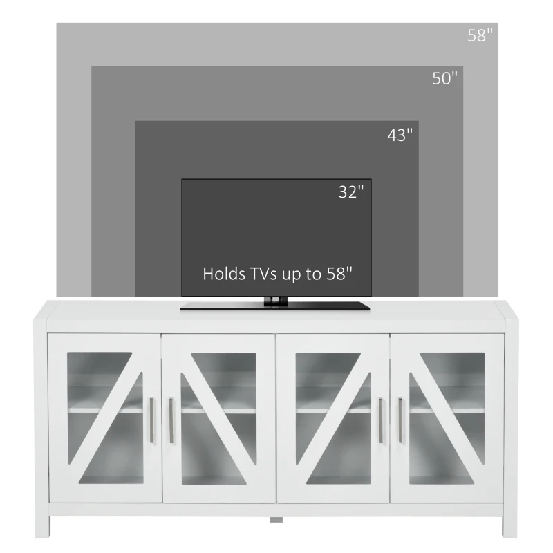 HOMCOM TV Cabinet Stand for TVs up to 58", Entertainment Center with Adjustable Shelves, 4 Glass Doors and 4 Cable Holes for Living Room, White