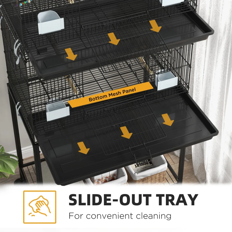 PawHut 65" Birdcage for Canaries, Lovebirds Finches, Budgie Cage with Wheels, Black