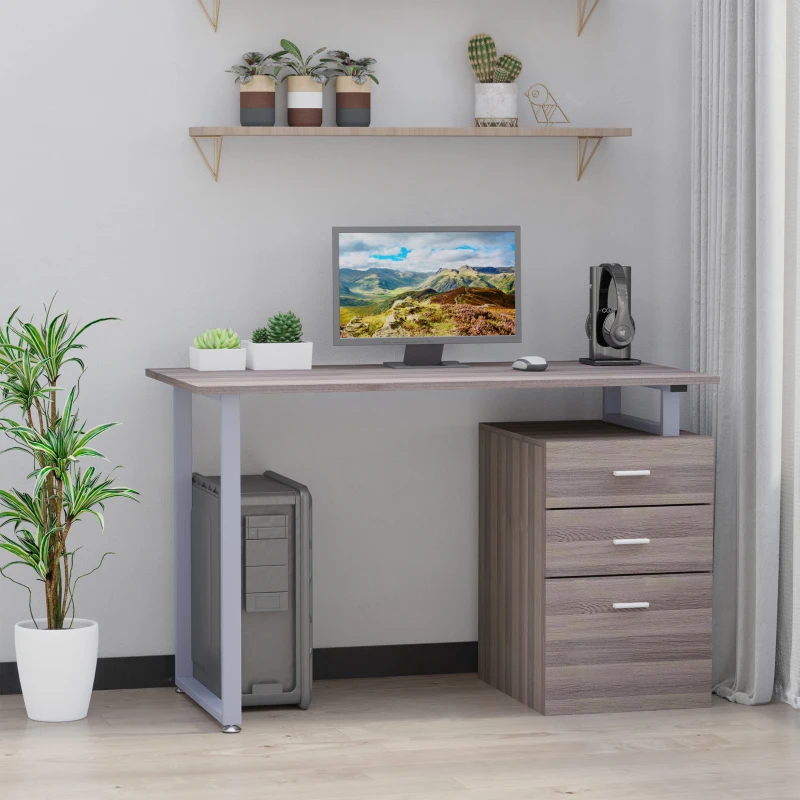 HOMCOM 47" Computer Desk Writing Table Workstation with Multi-Use Reversible 3 Drawers Metal Frame Home Office Furniture, Dark Wood Grain