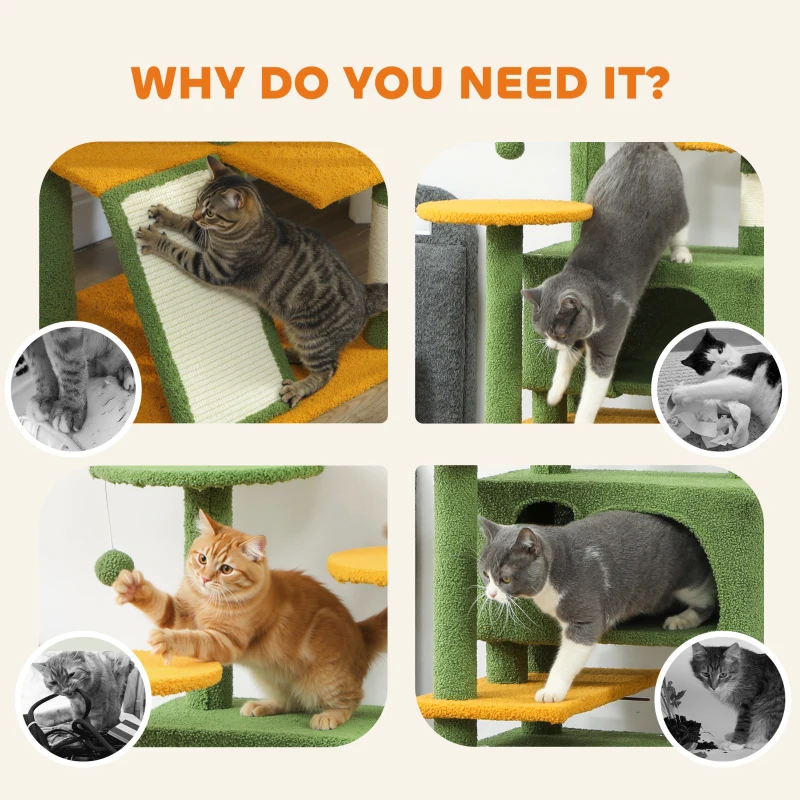 PawHut 63" Cat Tree, Multi-Level Cat Tower with Scratching Posts, Cat Condos, Bed, Platforms, Ramp, Toy Ball, Green