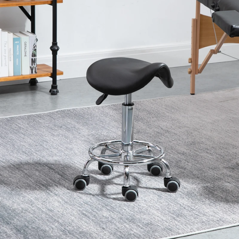 HOMCOM PU Leather Adjustable Stool, Rolling Saddle Stool with Wheels for Massage, Spa, Clinic, Beauty and Tattoo, Black