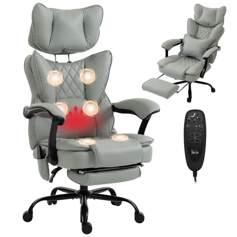 HOMCOM High Back Vibration Massage Office Chair, Heated Reclining PU Leather Computer Chair with Headrest, Gray