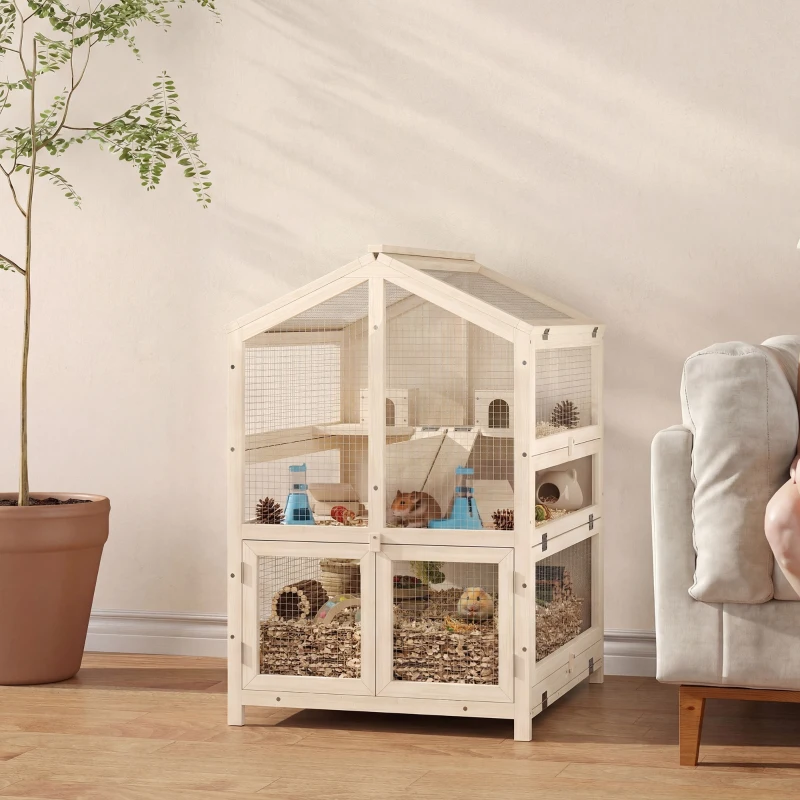 PawHut Wooden Hamster Cage, Large 3 Tier Hamster Cage w/ Pull-Out Tray, Openable Top, Hut, Seesaws, 26.8"L x 24.2"W x 35.4"H