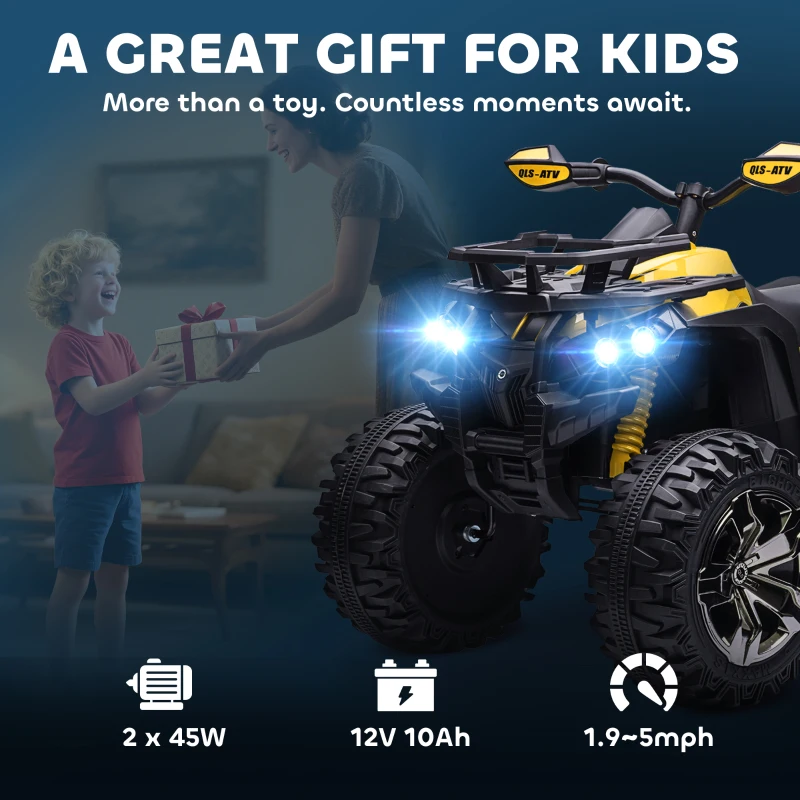 Aosom 12V Kids Recharging Ride-on Electric ATV Quad w/ Realistic Headlights Wide Wheel, Yellow