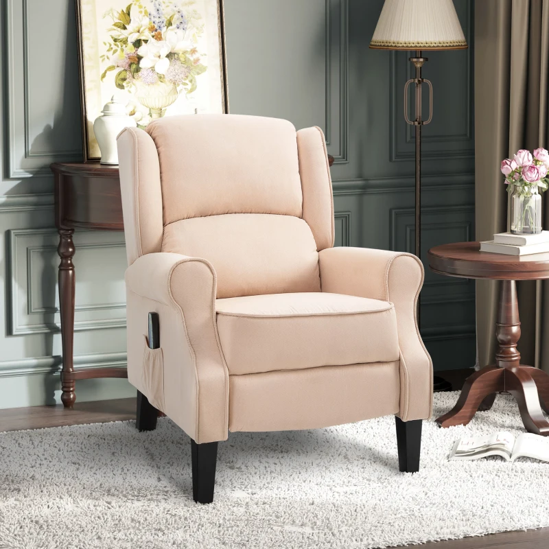 HOMCOM Vibration Massage Recliner Chair for Living Room with Heat,  Wingback Single Sofa, Modern Suede Fabric Push Back Reclining Chair with Footrest, Side Pocket, Beige
