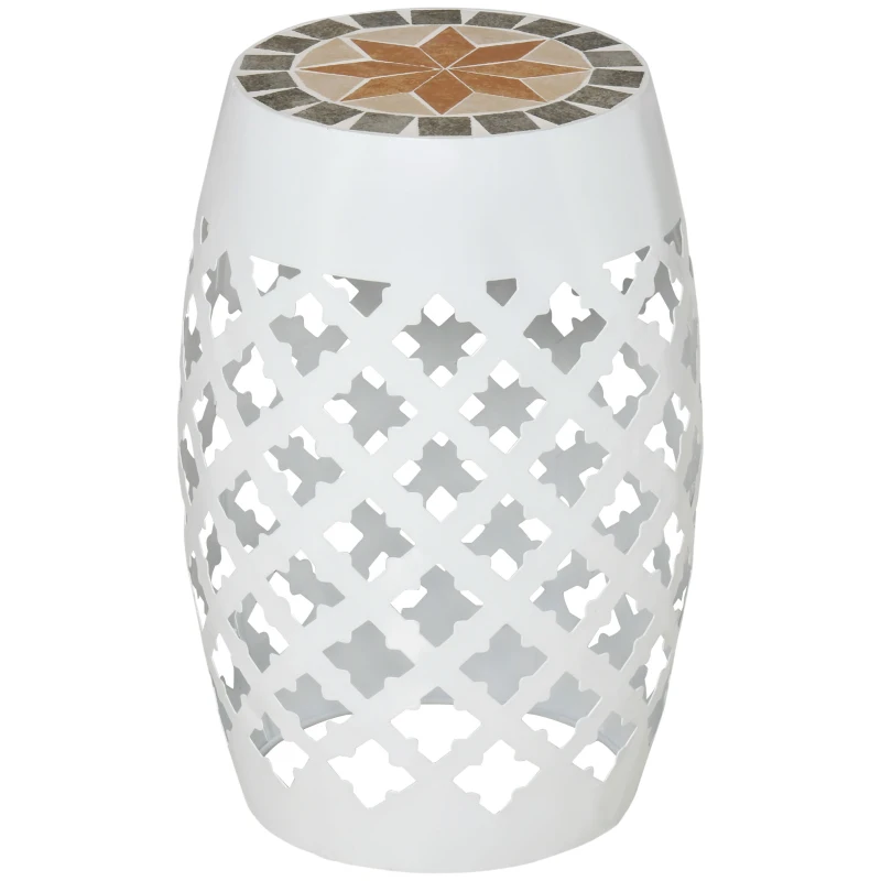 Outsunny Decorative Outdoor Stool, 12" Round Patio Side Table, Mosaic Accent Plant Stand for Garden, Balcony, White