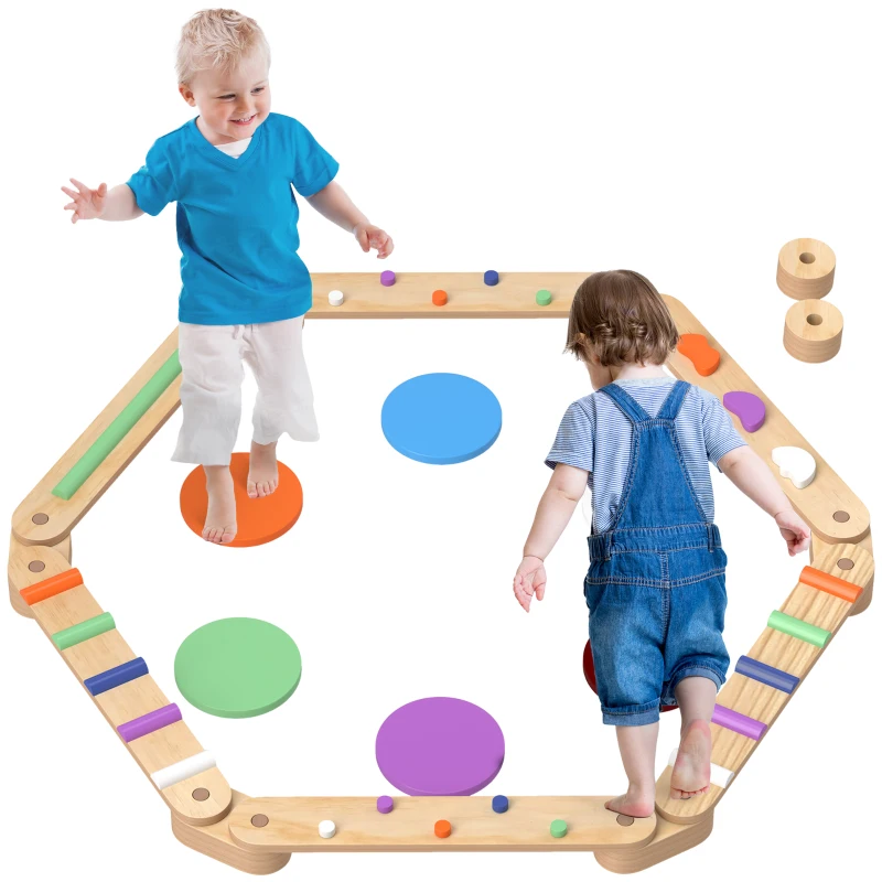 Qaba Kids Balance Beam, Wooden Balance Board with Stepping Stone for 3-8 Years
