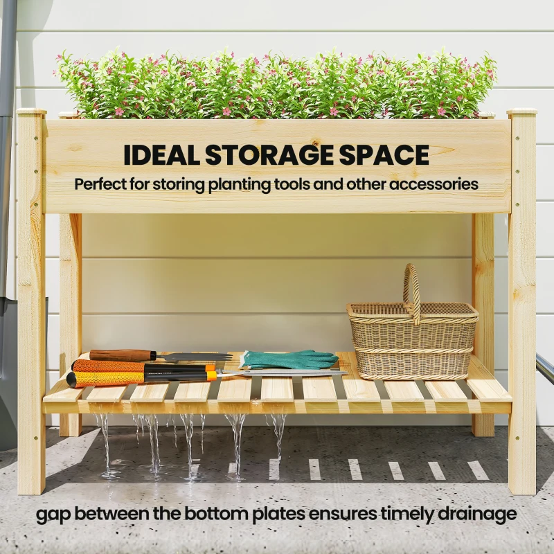 Outsunny Elevated Planter Box with Legs and Storage Shelf, Raised Garden Bed, Elevated Wooden Planter Box, Natural