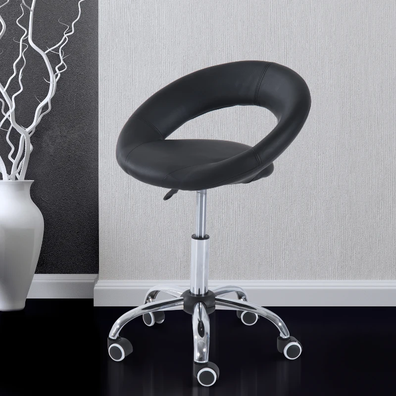 HOMCOM Crescent Rolling Salon Stool with Adjustable Height, Breathable Open Back, Foam Cushion Seat, and 5 Caster Wheels, Black