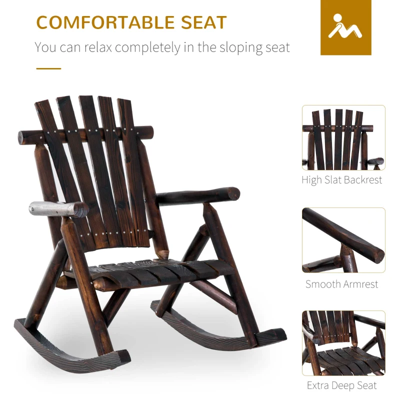 Outsunny Outdoor Wooden Rocking Chair, Single-Person Rustic Adirondack Rocker with Slatted Seat, High Backrest, Armrests for Patio, Garden and Porch, Brown