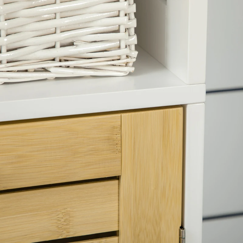kleankin Tall Bathroom Storage Cabinet, Free Standing Bathroom Cabinet Slim Side Organizer with 3 Shelves and Bamboo Cabinet, White/Natural