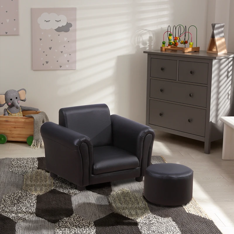Qaba Kids Sofa Set with Footstool, Upholstered Armchair for Kids 18M+, Baby Sofa for Playroom, Children's Bedroom, Nursery Room, Black