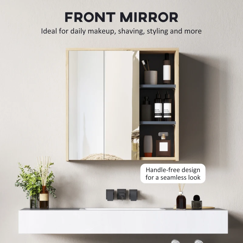 HOMCOM Wall Mount Medicine Cabinet with Mirror, Bathroom Cabinet Storage Organizer with 2 Doors, Cupboards and Shelves, Natural