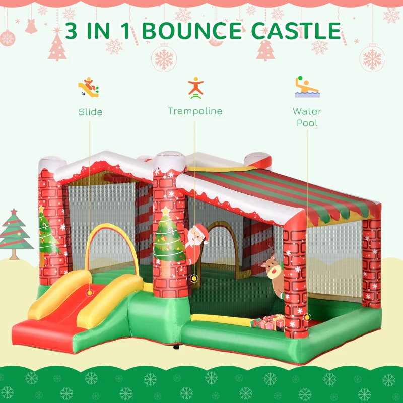 Outsunny 3-in-1 Kids Inflatable Bounce House Christmas Jumping Castle with Christmas Tree Pattern, Includes Trampoline, Pool, Slide, Carry Bag, Repair Patches and Air Blower