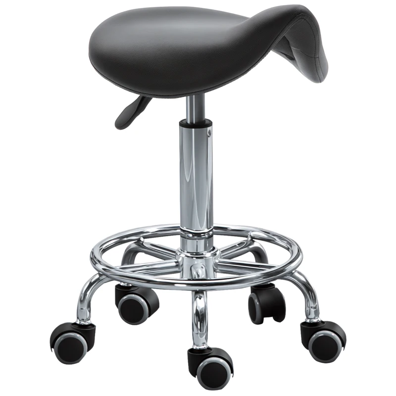 HOMCOM PU Leather Adjustable Stool, Rolling Saddle Stool with Wheels for Massage, Spa, Clinic, Beauty and Tattoo, Black