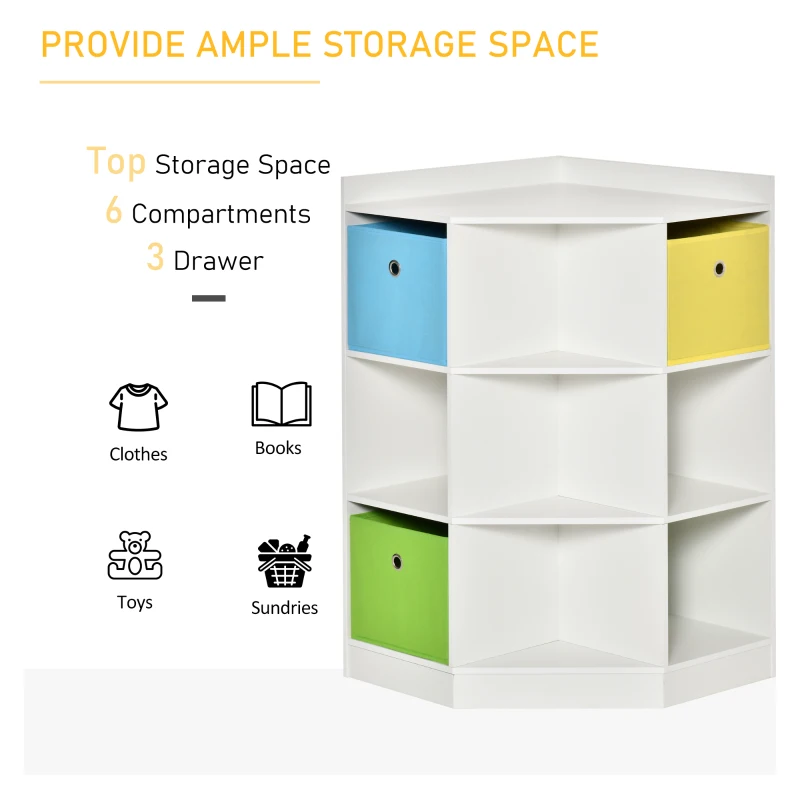 HOMCOM Kids Corner Cabinet, Cubby Toy Storage Organizer, Bookshelf Unit with Three Baskets for Playroom, Bedroom, Living Room, White