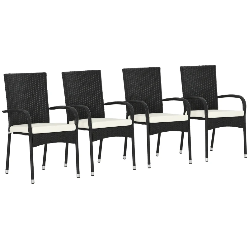 Outsunny Stackable 4 PE Rattan Outdoor Dining Chairs with Cushions, Patio Wicker Dining Chairs with Armrests & Backrest, Cream White