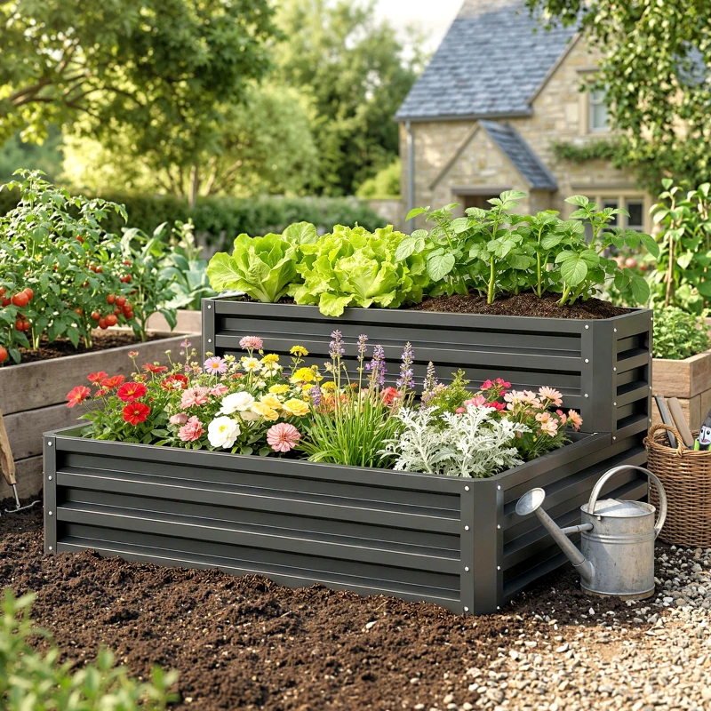 Outsunny 2 Tier Raised Garden Bed, 47" x 40" x 23" Galvanized Steel Planter Box for Vegetables, Flowers, and Herbs, Dark Grey