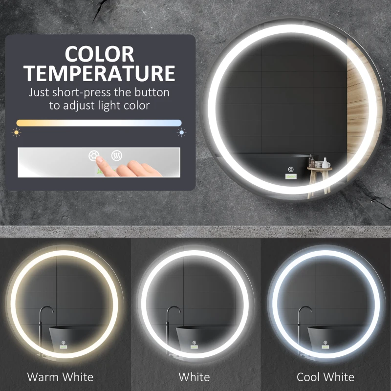 kleankin 24-Inch Lighted Bathroom Mirror for Wall, Dimmable LED Mirror with Memory Function, Round Mirror for Wall Decor
