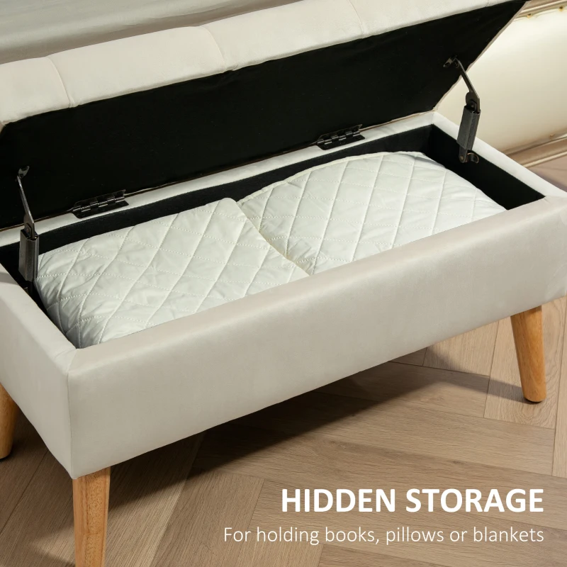 HOMCOM Storage Ottoman with Lid, Velvet Upholstered Storage Bench with Wood Legs for Living Room, Cream White