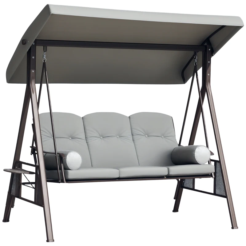 Outsunny Outdoor Patio 3-Person Steel Canopy Cushioned Seat Bench Swing with Included Side Trays & Padded Comfort, Light Grey