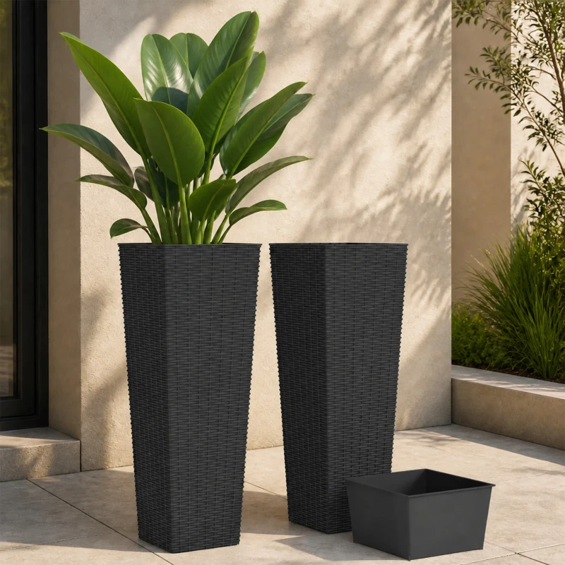Outsunny 32 Inch Tall Planters for Outdoor Plants, Set of 2 Plastic Flower Pots with Drainage Holes, Black