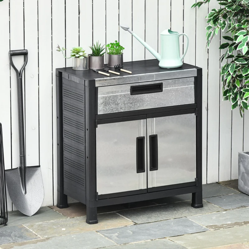 Outsunny Storage Sheds Outdoor Cabinet for Garden Tool with Adjustable Shelves, Ample Drawer with Waterproof PP & Galvanized Steel for Indoor/Outdoor Use