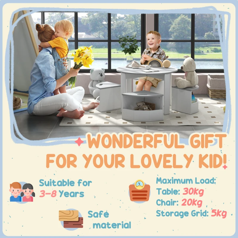 Qaba 5 Piece Kids Table and Chairs Set with Storage for Art, Craft, Drawing, Playroom, Classroom, Nursery, Gray