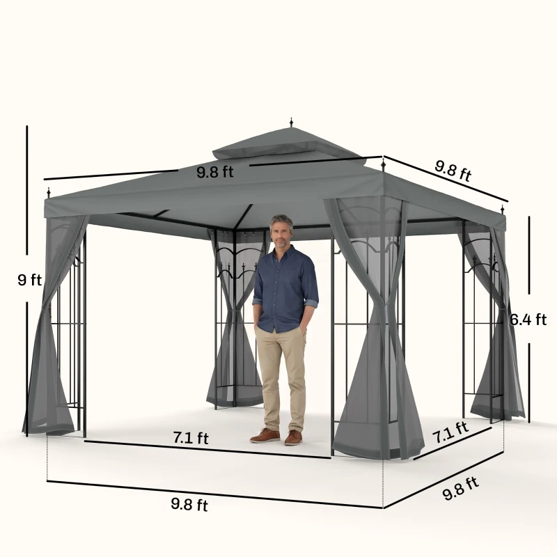 Outsunny 118" x 118" Steel Outdoor Patio Gazebo Canopy with Removable Mesh Curtains, Display Shelves, & Steel Frame, Gray