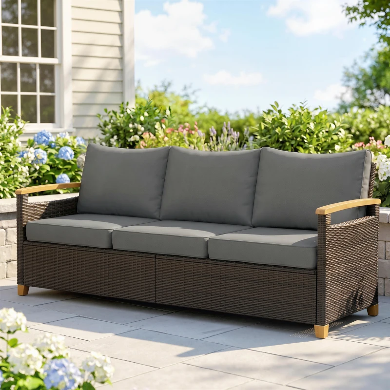 Outsunny 3 Seater Outdoor Couch Sofa, PE Wicker Patio Sofa, Wide Deep Seat, 4" Cushions, Wood-Effect Armrests Legs, Gray
