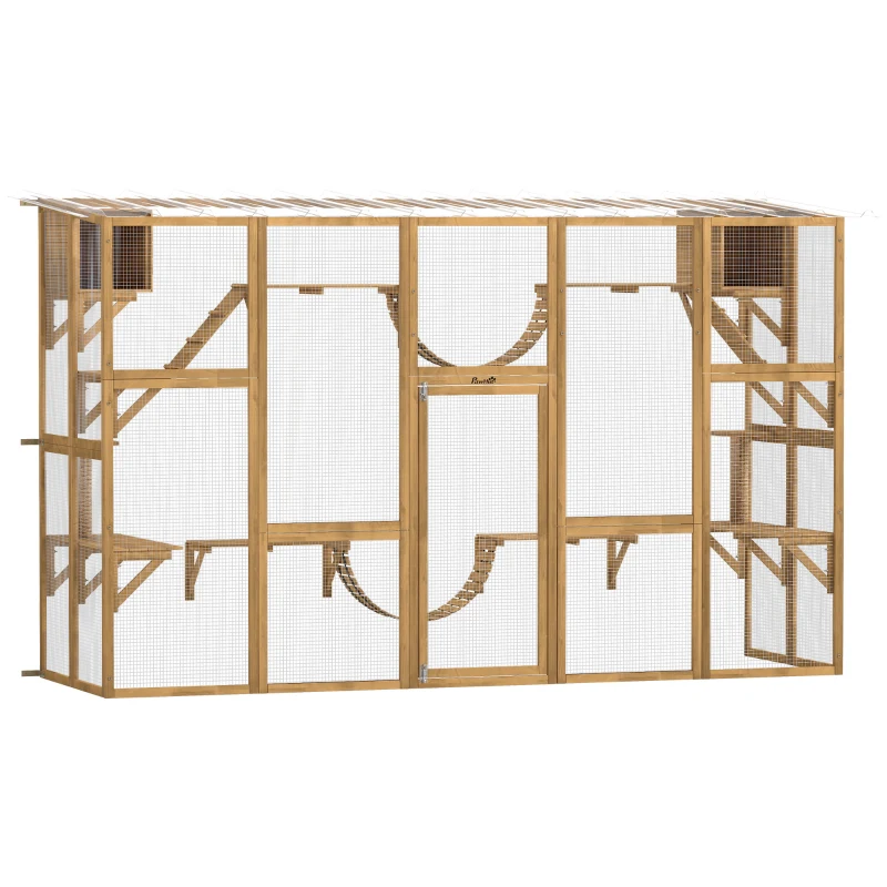 PawHut Catio Playground Cat Window Box Outside Enclosure for Multiple Cats w/ Shelves & Bridges, Yellow