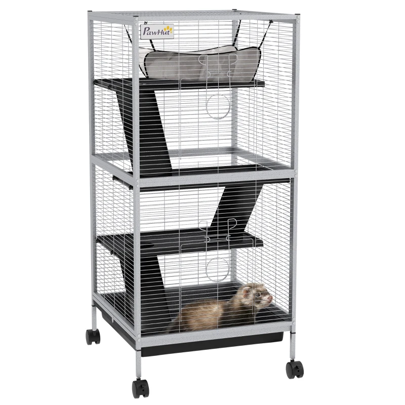 PawHut 45" H Rolling Small Animal Cage with Hammock, Ferret Cage, Chinchilla Cage, Pet Habitat with 6 Doors, Removable Tray