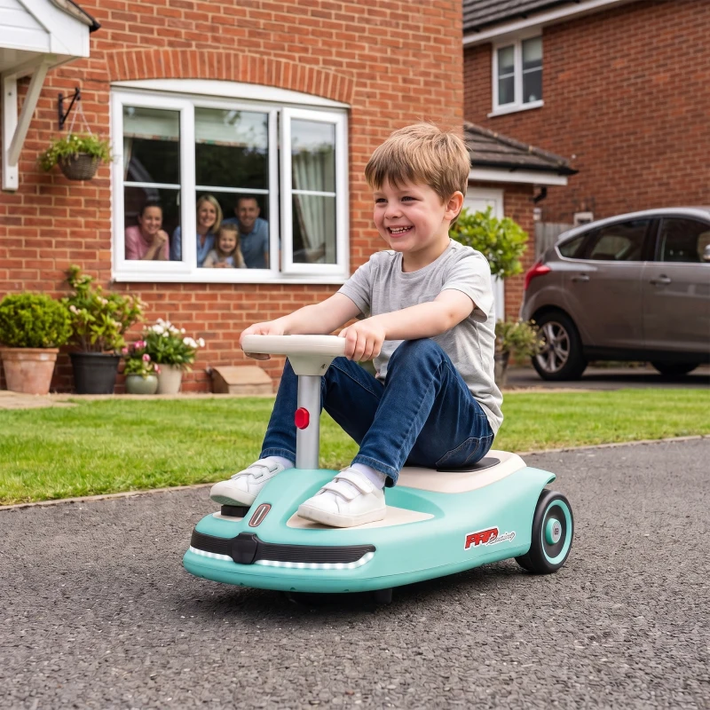 Qaba 12V Electric Wiggle Car with Convertible Steering Wheel Pull Handle, 2 Speed, Music, Lights for 3-5 Years, Light Blue