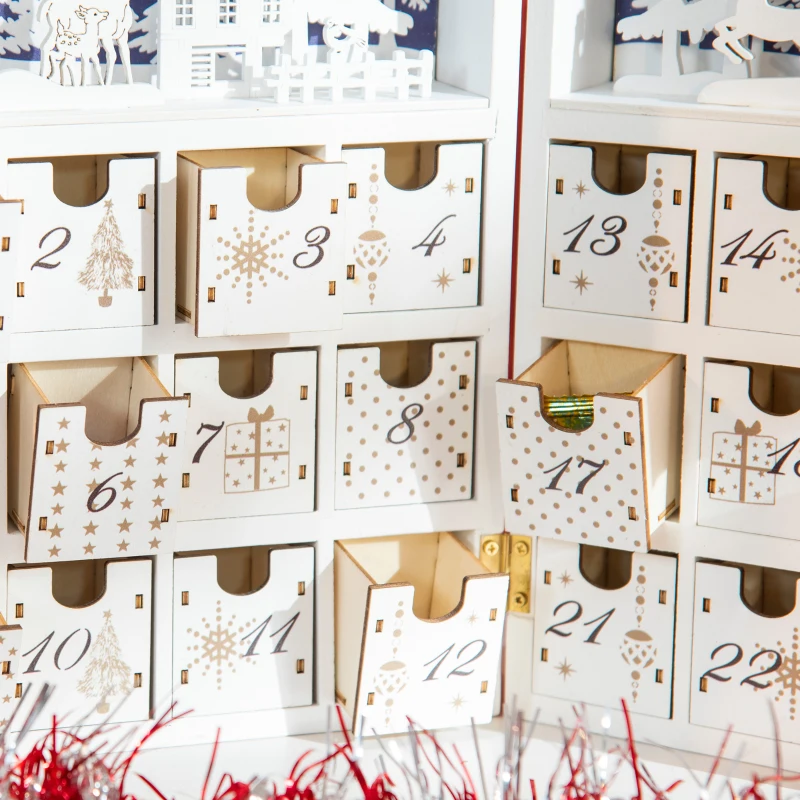 HOMCOM Wooden Christmas Advent Calendar Book, Table Holiday Decoration with 24 Countdown Drawers, for Kids and Adults, White