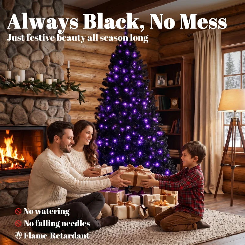 HOMCOM 6ft Pre-lit Black Christmas Tree, Artificial Halloween Tree with 680 Purple LED Lights, 680 Tips, Metal Stand, Black