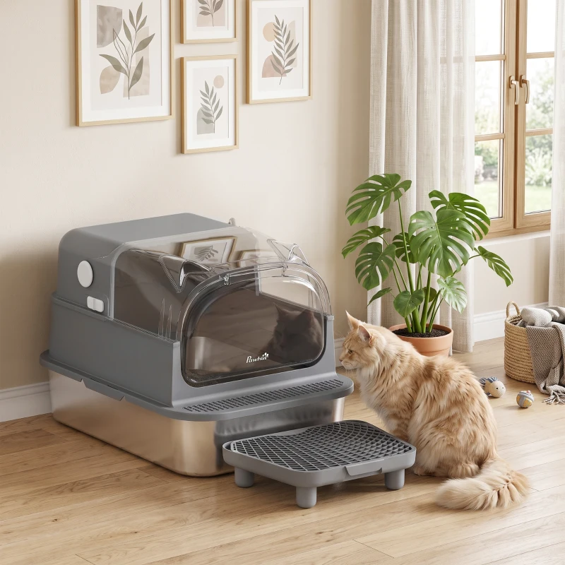 PawHut Stainless Steel Cat Litter Box with Flip Lid, XXL Enclosed Litter Box, High Sided, Step, Metal Scoop, 2 Deodorizing Bags