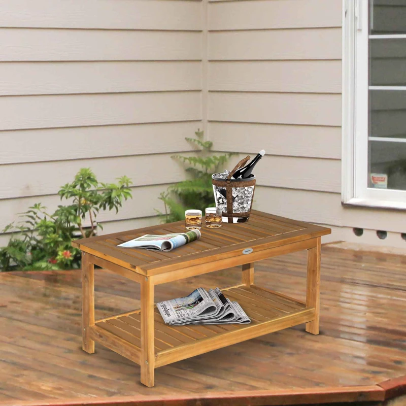 Outsunny 36" Outdoor Coffee Table 2-Shelf Acacia Wood Rectangular Buffet Storage Organizer Natural Finish Teak Patio, Deck, Lawn, Garden