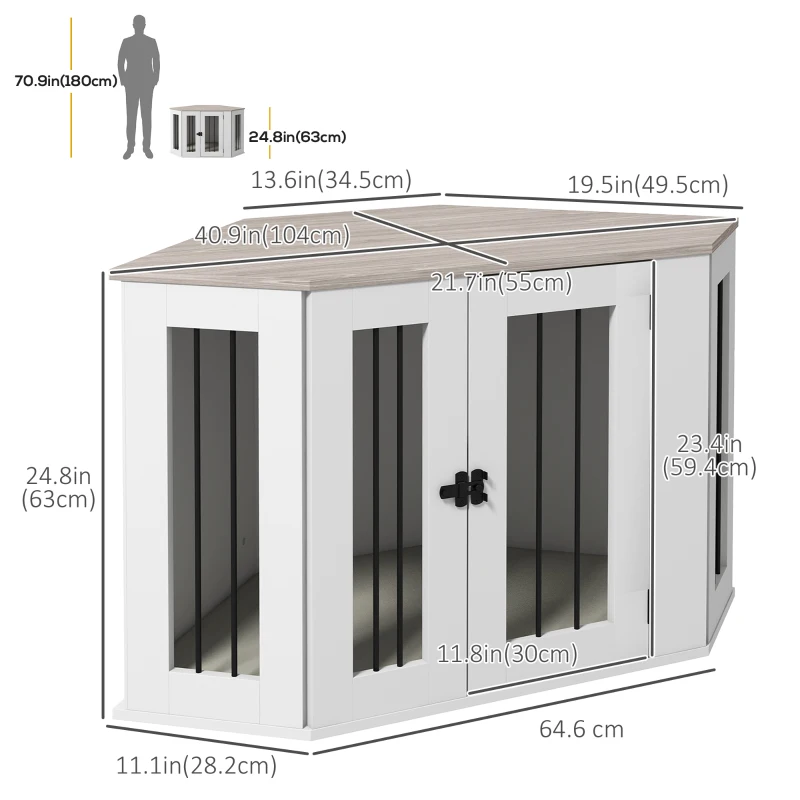 PawHut Dog Crate Furniture with Cushion, 41 Inch Corner Design Dog Crate End Table for Medium Dogs, Multi Colour