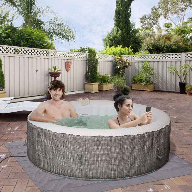 Outsunny 4-6 Person Inflatable Portable Hot Tub Outdoor Round Heated Spa with 130 Jets, Cover, Filter Cartridges, Grey