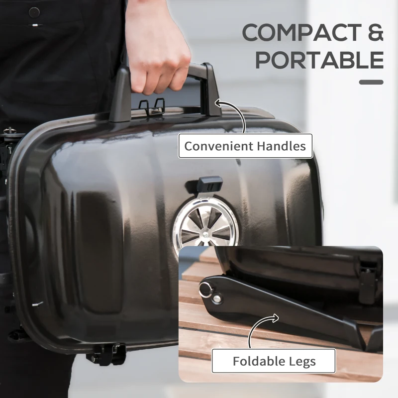 Outsunny 14" Portable Grill, Small Charcoal Grill for Outdoor Cooking, BBQ, Camping, Enamel Coated, Folding Legs, Black