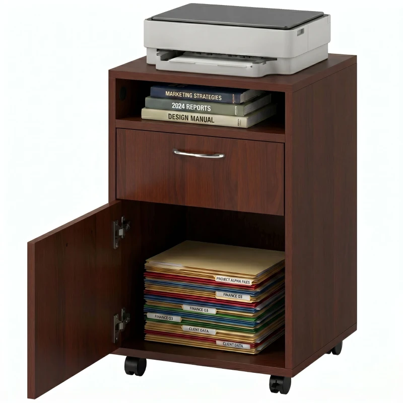 HOMCOM Mobile Storage Cabinet Organizer with Drawer and Cabinet, Printer Stand with Castors, Brown