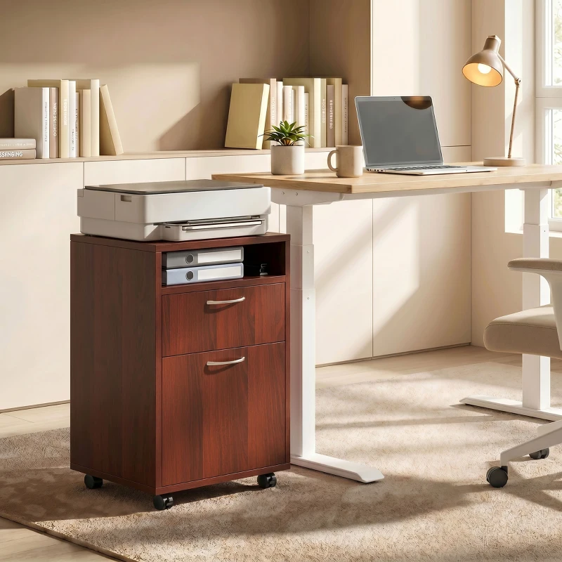 HOMCOM Mobile Storage Cabinet Organizer with Drawer and Cabinet, Printer Stand with Castors, Brown