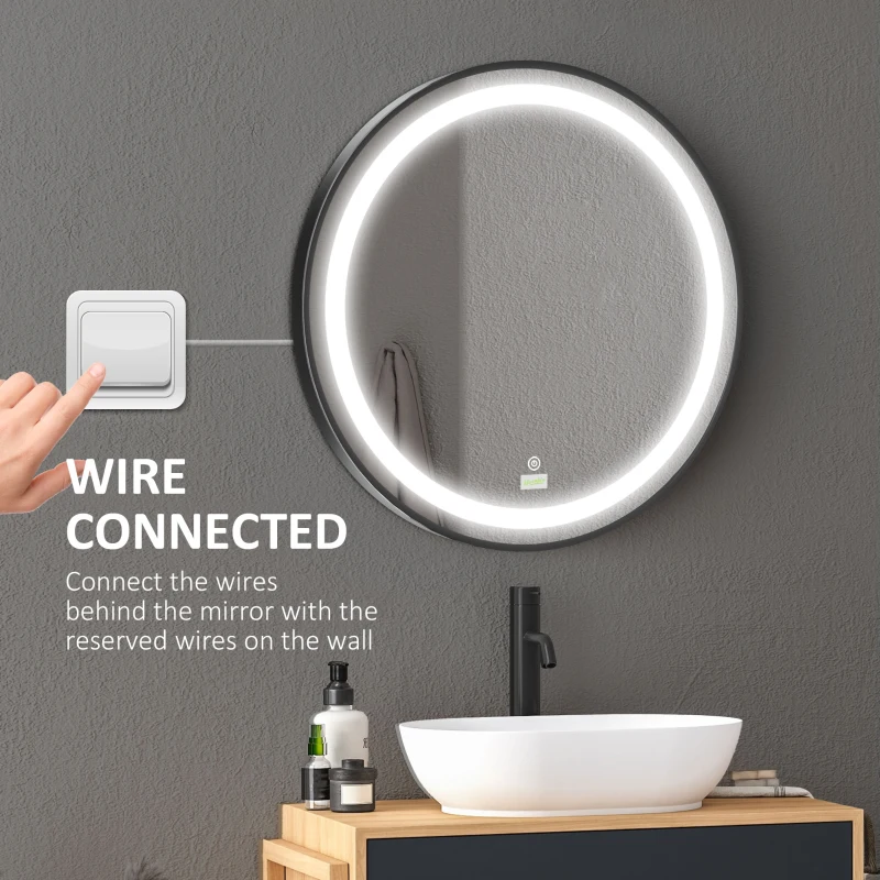 kleankin 24-Inch Lighted Bathroom Mirror for Wall, Dimmable LED Mirror with Memory Function, Round Mirror for Wall Decor