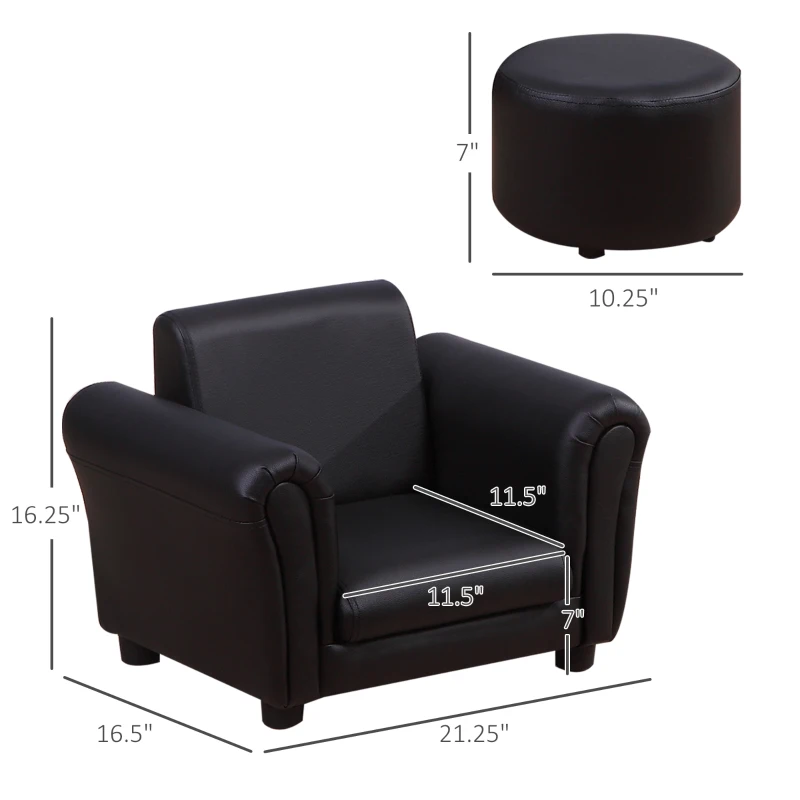 Qaba Kids Sofa Set with Footstool, Upholstered Armchair for Kids 18M+, Baby Sofa for Playroom, Children's Bedroom, Nursery Room, Black